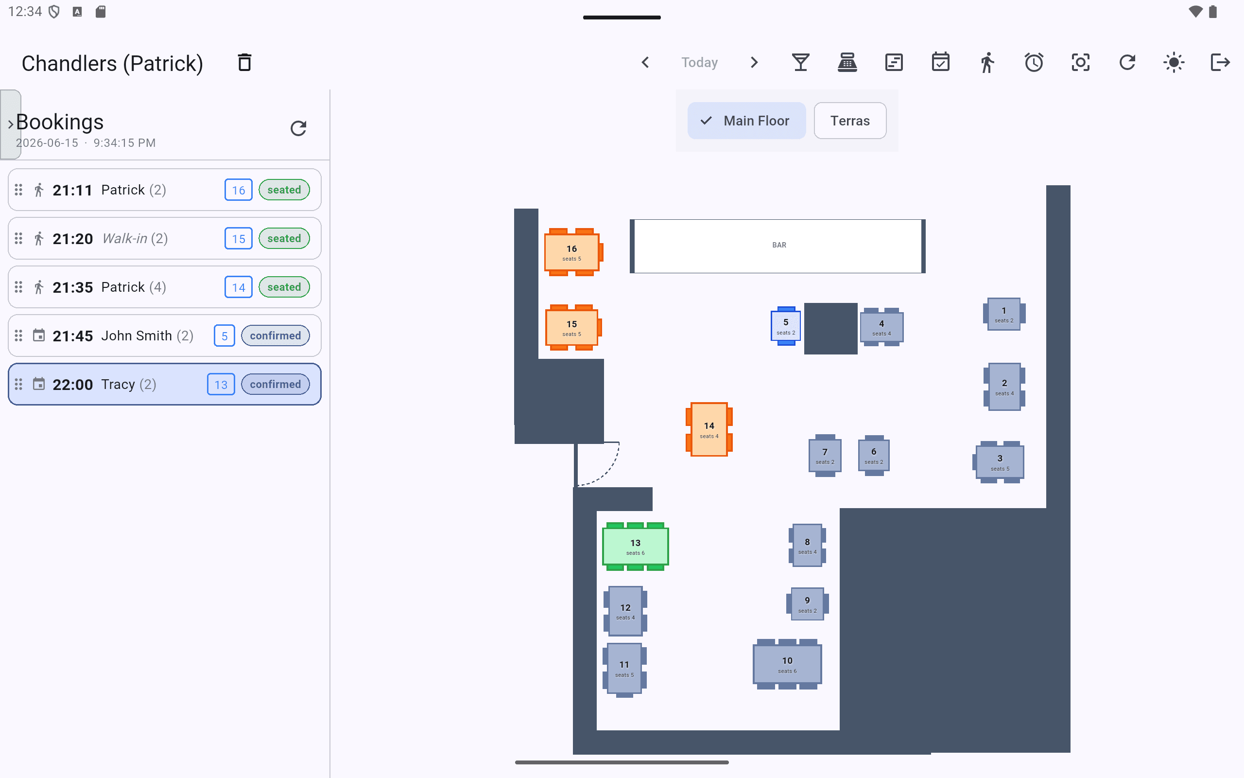 BritePOS cashier floor plan with live table state